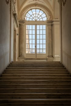 Ancient dark staircase - Grunge interior, nobody, empty building architecture, window