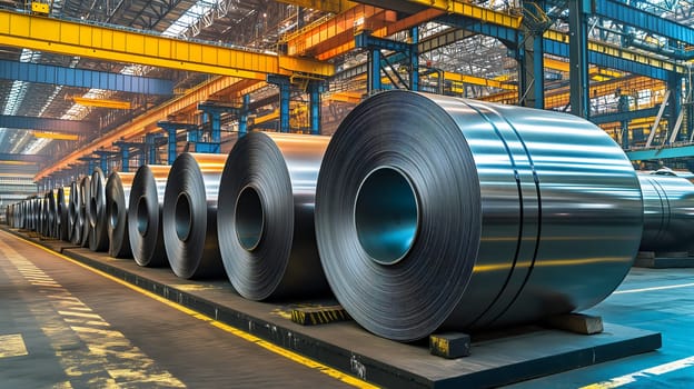 Packed rolls of steel sheet, Cold rolled steel coils in a warehouse. Neural network generated image. Not based on any actual person or scene.