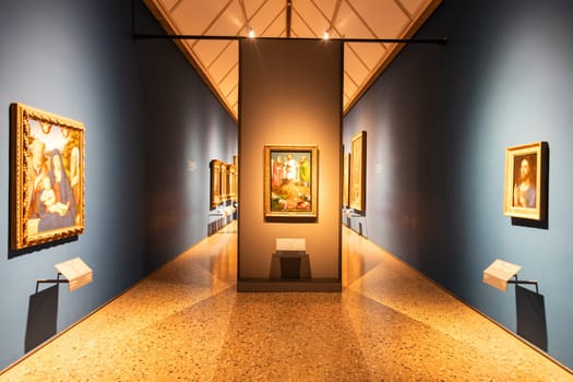 Milan, Italy - 23 September 2023: Brera antique painting museum interior. Vintage art exibition, elegant indoor, nobody.