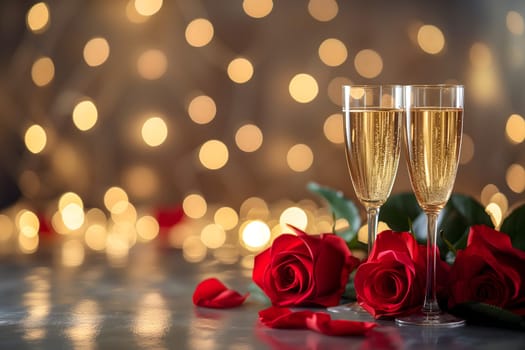 two glasses with sparkling wine or champagne and red roses on table with bokeh lights in the background for generic celebration concept. Neural network generated image. Not based on any actual or scene.