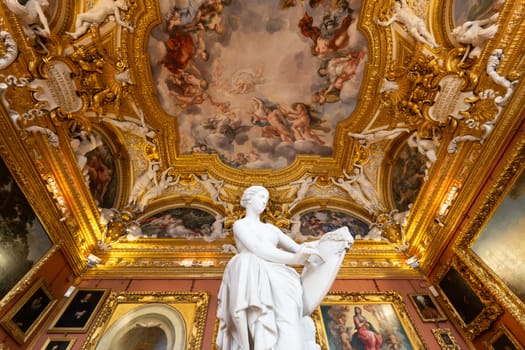 Florence, Italy - 29 June 2023: Palazzo Pitti - Pitti Palace travel destination - museum interior. Antique hall, Renaissance collection