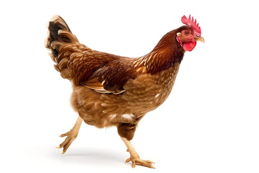 Running chicken hen on white background. Neural network generated image. Not based on any actual scene or pattern.