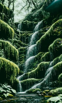 Enchanted Waterfall. A waterfall cascades down moss-covered rocks, revealing a secret grotto behind its veil. Crystal-clear water sparkles with hints of magic, and colorful flowers bloom along the banks.