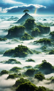 Floating Isles. Above a sea of clouds, islands drift like dreamscapes. Each is a miniature world, lush forests, waterfalls, and floating gardens. The sky holds its breath, and rainbows weave through the mist.