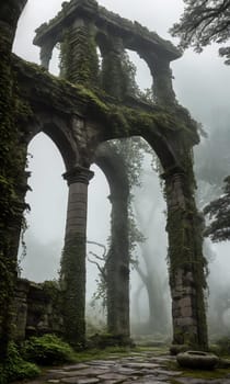 Mist-Clad Ruins. The remnants of an ancient castle, shrouded in mist. Ivy-clad walls crumble gracefully, and forgotten statues guard the entrance.
