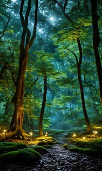 Moonlit Forest Glade. Amidst ancient trees, a moonbeam illuminates a hidden glade. Dew-kissed mushrooms glow softly, and fireflies dance in the night. Ethereal beauty of this mystical meeting place.
