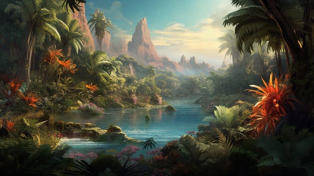A tropical paradise unfolds with a picturesque river, majestic mountains, glowing sunset, swaying palm trees, and a cascading waterfall.