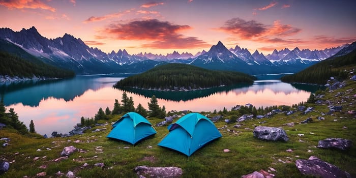 A breathtaking scene at dusk: a serene mountain forest by a glittering lake with a tent pitched. Generative AI