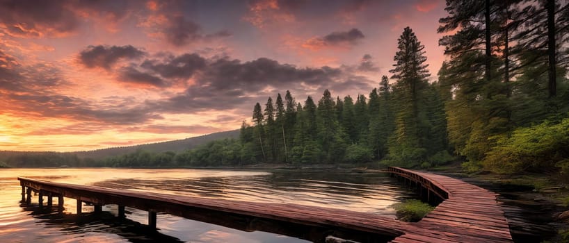 A vibrant sunset paints the sky over a tranquil forest lake pier Reflecting the golden hues on the calm waters below Generative AI