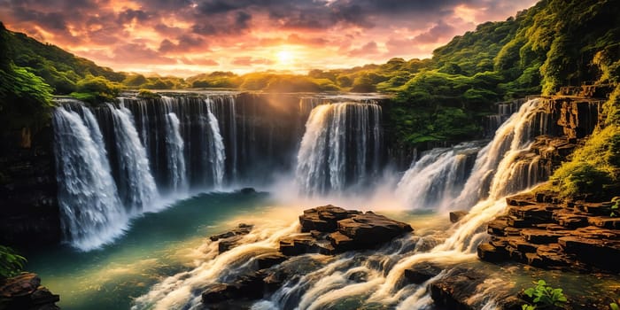 Fantasy landscape with waterfall at sunset, panorama.