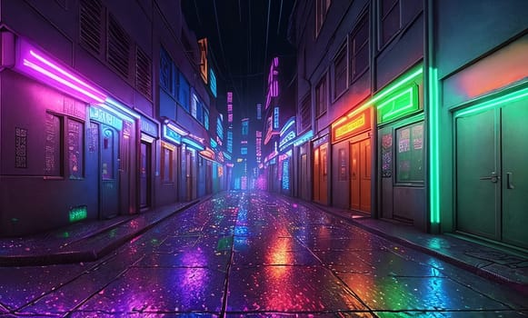 In a cyberpunk alley, neon signs cast a gritty glow on holographic graffiti, rain-soaked pavement glistens under ominous skies.