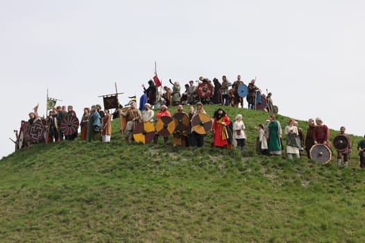 Krakow, Poland - April 11, 2023: Unidentified participants of Rekawka - Polish tradition, celebrated in Krakow on Tuesday after Easter. Currently has the character of festival historical reconstruction