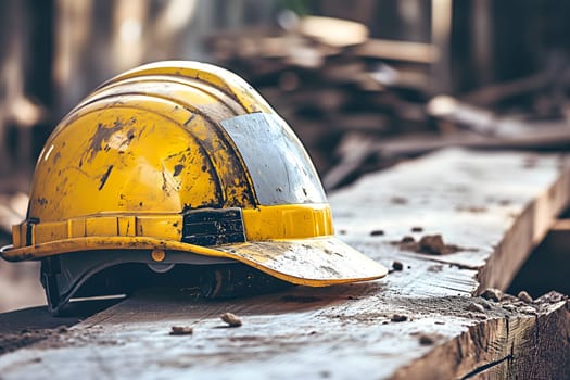 Old yellow hard hat at construction site. Neural network generated image. Not based on any actual scene or pattern.
