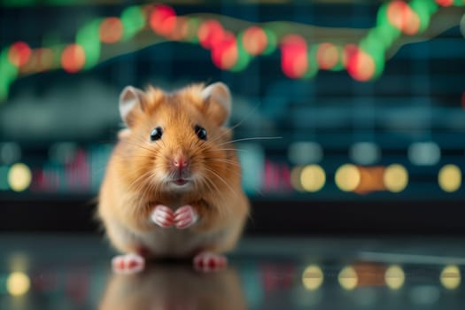 Hamster in front of blurry trading charts, novice in stock exchange and asset market concept. Neural network generated image. Not based on any actual scene or pattern.