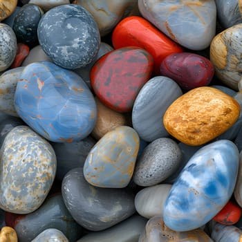 Seamless texture and full-frame background of colorful round beach pebbles with high angle view. Neural network generated image. Not based on any actual scene or pattern.