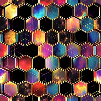 Seamless texture and full-frame background of colorful glass mosaic honeycomb hexagonal tiles. Neural network generated image. Not based on any actual scene or pattern.