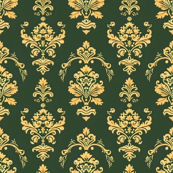 Seamless texture of green and gold damask pattern. Neural network generated image. Not based on any actual scene or pattern.