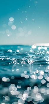 Sunny day bokeh on water: Blue sky over a turquoise body of water, with the light reflecting and creating a bokeh effect. Neural network generated image. Not based on any actual scene or pattern.