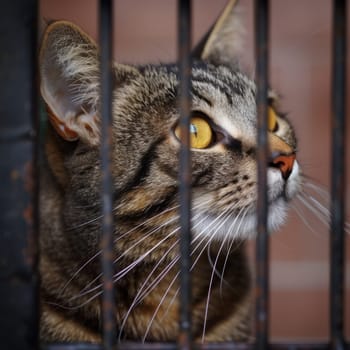 A cat behind bars in a shelter looks out onto the street, illuminated by sunlight and waits for its new owners
