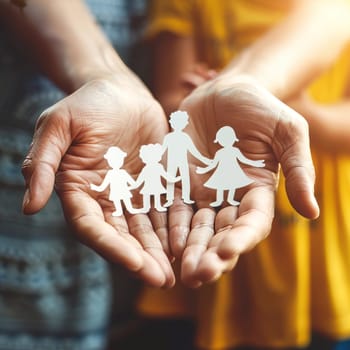 Hands holding a paper cutout of a family, symbolizing unity and support. Children Protection Day