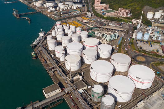 Tsing Yi, Hong Kong 04 December 2019: Top view Oil Tank
