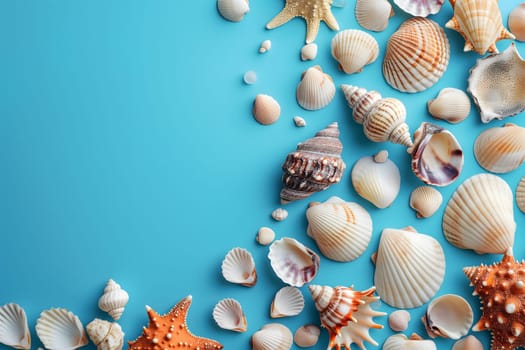 Seashells, pebbles, mockup on blue background. Blank, top view, still life, flat lay. Sea vacation travel concept tourism and resorts. Summer holidays. Neural network generated in January 2024. Not based on any actual scene or pattern.