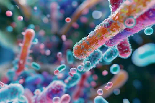 Diverse colorful abstract microbiome, containing many different types of microorganisms. Neural network generated in January 2024. Not based on any actual scene or pattern.