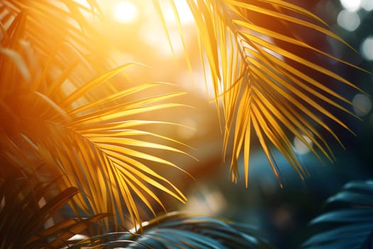 Vibrant sunny backdrop palm leaves with golden sun light. Neural network generated in January 2024. Not based on any actual scene or pattern.