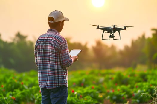 Farmer in the field using drone. Neural network generated in January 2024. Not based on any actual scene or pattern.