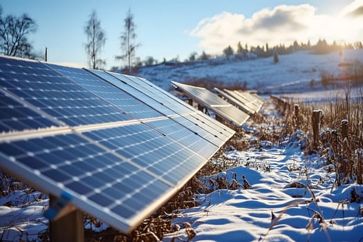 Photovoltaic solar panels in the field at winter sunset or sunrise. Neural network generated in January 2024. Not based on any actual scene or pattern.