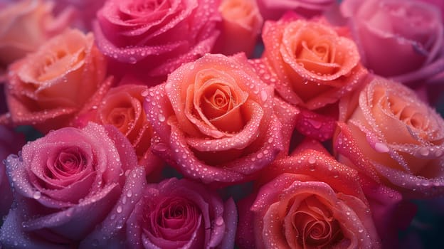 A lush bouquet of pink roses with dew drops. Neural network generated image. Not based on any actual person or scene.