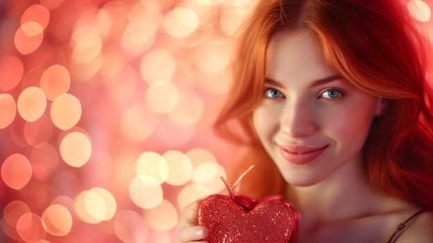 Beautiful redhead girl with gift for Valentines Day with bokeh at background. Neural network generated image. Not based on any actual person or scene.