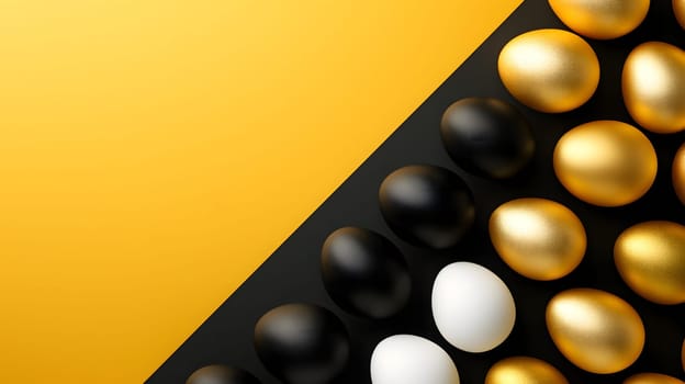 Golden, black, white Easter eggs on a yellow-black background. geometry. Minimal concept. View from above. Neural network generated image. Not based on any actual scene or pattern.