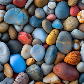 Seamless texture and full-frame background of colorful round beach pebbles with high angle view. Neural network generated image. Not based on any actual scene or pattern.