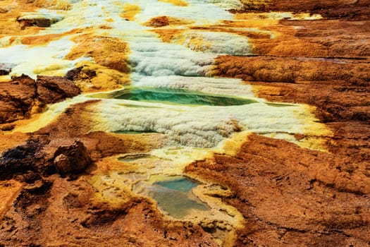 Colorful abstract apocalyptic landscape like moonscape of Dallol Lake in Crater of Dallol Volcano, Danakil Depression, Afar Triangle Ethiopia