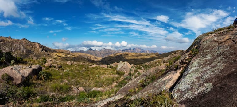 Andringitra national park, Haute Matsiatra region, Madagascar, beautiful mountain landscape. Hiking in Andringitra mountains. Sunny day with blue sky. Madagascar wilderness mountain landscape.