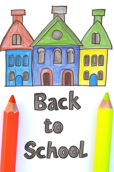 Naive children's drawing with colored chalk on white paper, made by hand by a child, text Back to School. Neural network generated image. Not based on any actual scene or pattern.