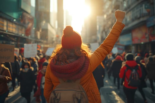 Women's Day, International Women’s Day, women of different races Raise your fist to demand your rights. There is a blurred protest sign scene, Generative Ai