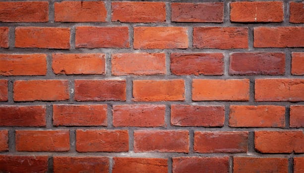 Close up view of a red brick wall. Texture of old dark brown and red brick wall panoramic background. Minimal pattern background concept. Trendy brick wall background idea. Copy space.
