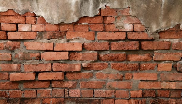 Fragment of old brickwork, close-up. Red brick wall. Potholes and defects in a brick wall. Flat lay, close-up. Cracks and defects of red brick on the wall. building houses, texture