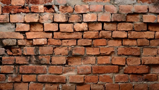 Fragment of old brickwork, close-up. Red brick wall. Potholes and defects in a brick wall. Flat lay, close-up. Cracks and defects of red brick on the wall. building houses, texture