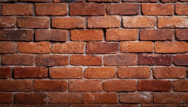 Close up view of a red brick wall. Texture of old dark brown and red brick wall panoramic background. Minimal pattern background concept. Trendy brick wall background idea. Copy space.