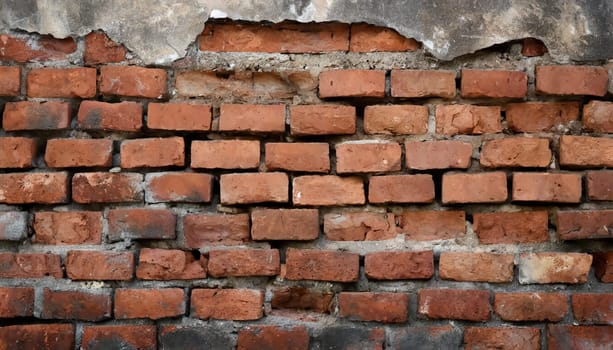Fragment of old brickwork, close-up. Red brick wall. Potholes and defects in a brick wall. Flat lay, close-up. Cracks and defects of red brick on the wall. building houses, texture