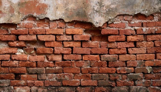 Fragment of old brickwork, close-up. Red brick wall. Potholes and defects in a brick wall. Flat lay, close-up. Cracks and defects of red brick on the wall. building houses, texture