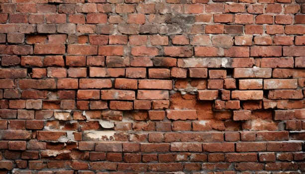 Fragment of old brickwork, close-up. Red brick wall. Potholes and defects in a brick wall. Flat lay, close-up. Cracks and defects of red brick on the wall. building houses, texture