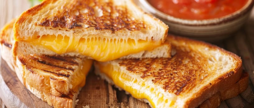 Close-up of grilled cheese sandwich with melting cheese, beside a bowl of tomato soup on a wooden board