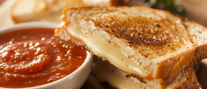 A close-up photo of a grilled cheese sandwich cut in half, revealing melted cheese and a bowl of tomato soup on a white plate