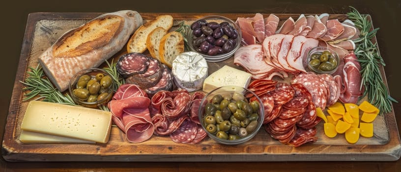 A gourmet charcuterie board with assorted cheeses, cured meats, and olives on a wooden surface