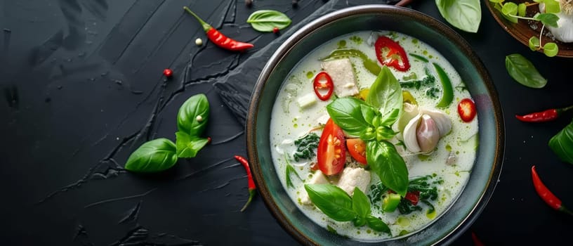 A vibrant bowl of green Thai curry, garnished with fresh basil and chili, presented on a dark textured surface