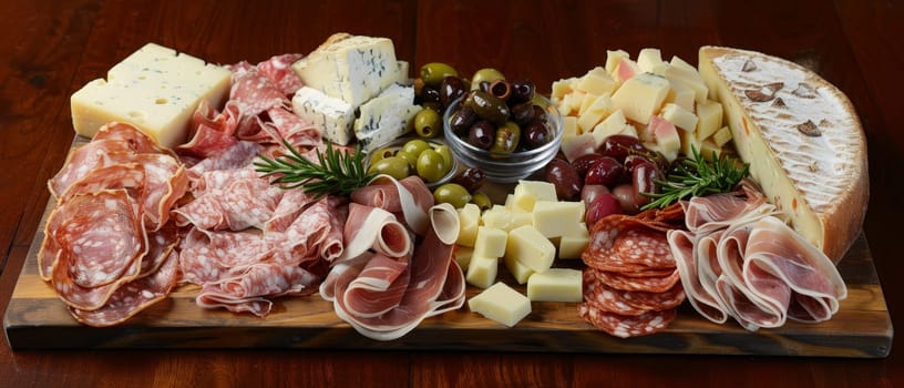 A gourmet charcuterie board with assorted cheeses, cured meats, and olives on a wooden surface